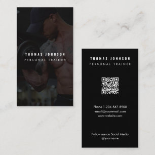 Modern Coach Fitness Trainer Photo QR Code Black Business Card