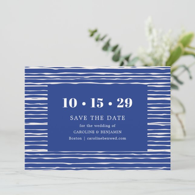 Modern Coastal Blue Stripe Wedding Save The Date (Standing Front)
