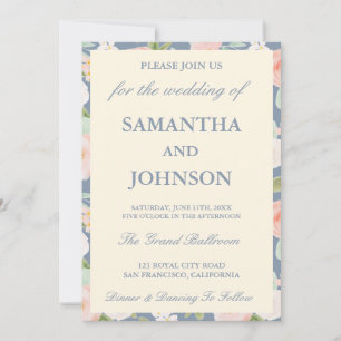 Modern Coastal Blue Vintage Ivory Floral Wedding Invitation