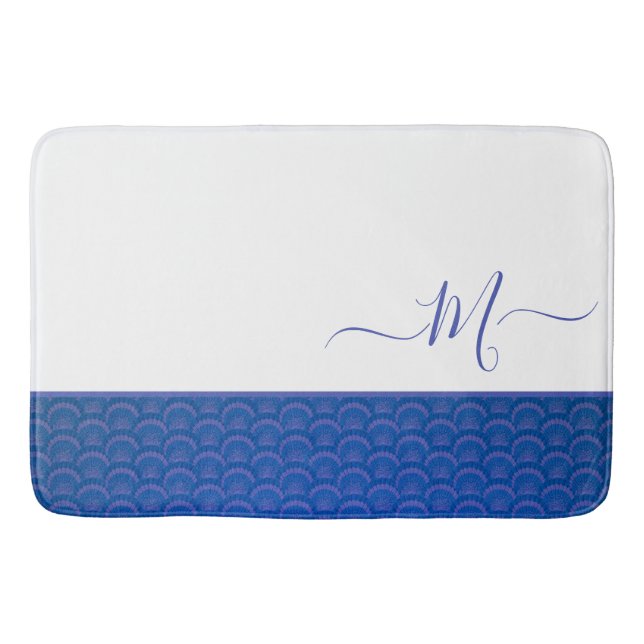 Modern Coastal Blue White Seashell Monogram  Bath Mat (Front)
