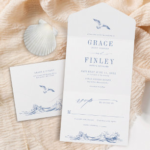 Modern Coastal Chic Blue Seaside Wedding All In One Invitation
