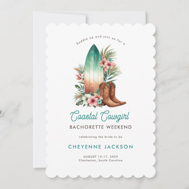 Modern Coastal Cowgirl Coastal Teal Bachelorette  Invitation (Front)