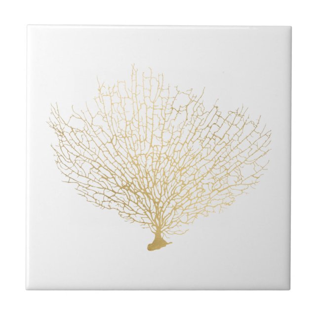 Modern Coastal Gold Sea Fan Coral Ceramic Tile (Front)