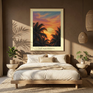Modern Coastal Golden Palm Sunset Wall Art Poster
