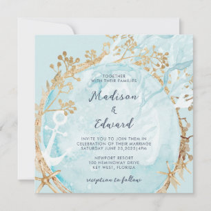 Modern Coastal Nautical Teal Green Gold Wedding Invitation