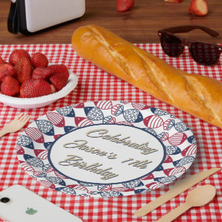Modern Coastal Red, Blue and White Fish Pattern Paper Plate