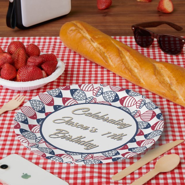 Modern Coastal Red, Blue and White Fish Pattern  Paper Plate (Picnic)