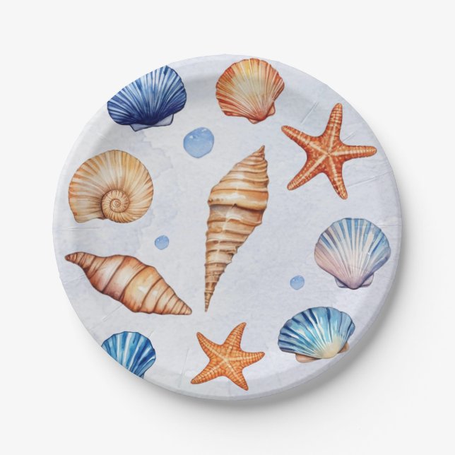 Modern Coastal Sea Shells Treasure Ocean Birthday  Paper Plate (Front)
