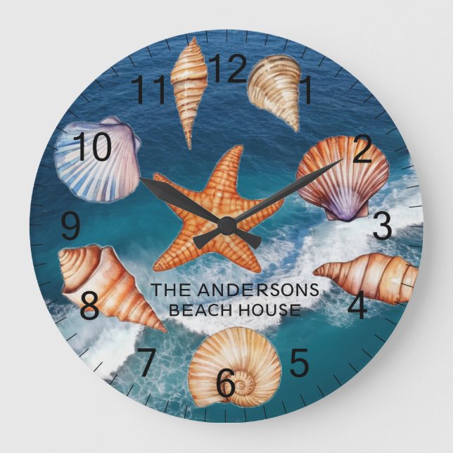 Modern Coastal Sea Shells Treasure Ocean Custom    Large Clock (Front)