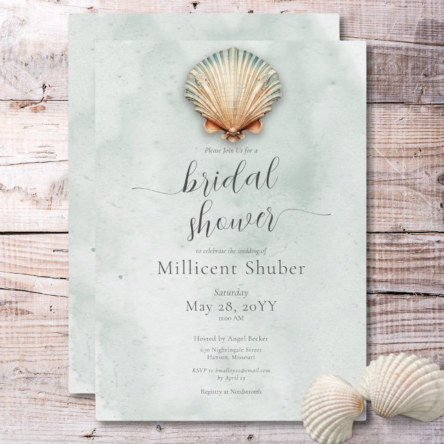 Modern Coastal Seashell Aqua Bridal Shower Invitation (Modern Coastal Seashell Aqua Bridal Shower Invitation)