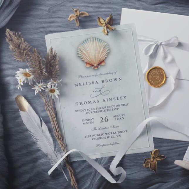 Modern Coastal Seashell Aqua QR Code Wedding Invitation (Creator Uploaded)