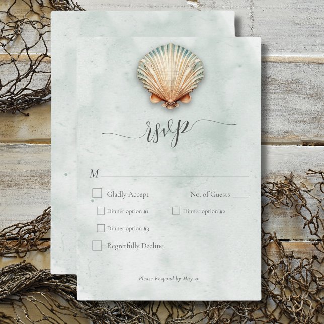 Modern Coastal Seashell Aqua Wedding Dinner RSVP Card (Modern Coastal Seashell Aqua Wedding Dinner RSVP Card)