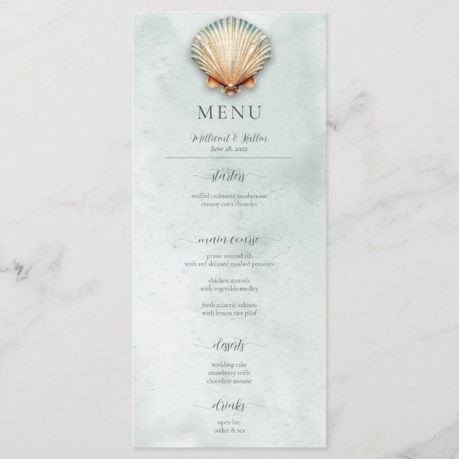 Modern Coastal Seashell Aqua Wedding Menu (Front)