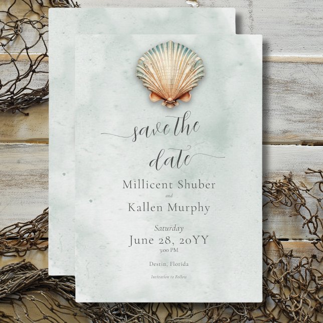 Modern Coastal Seashell Aqua Wedding Save The Date (Modern Coastal Seashell Aqua Wedding Save The Date)