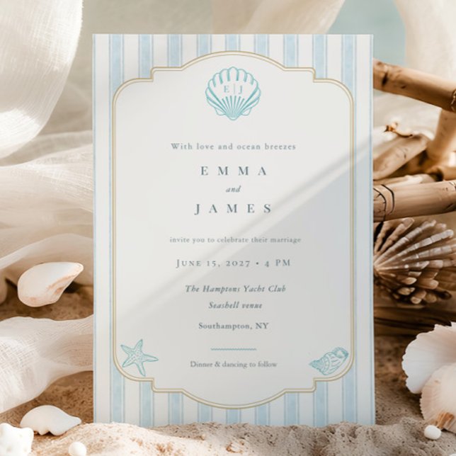 Modern Coastal Seashell Nautical Striped Wedding Invitation (Creator Uploaded)