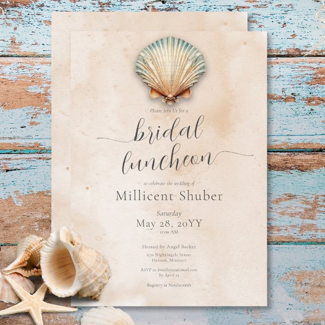 Modern Coastal Seashell Sand Bridal Luncheon Invitation (Modern Coastal Seashell Sand Bridal Luncheon Invitation)