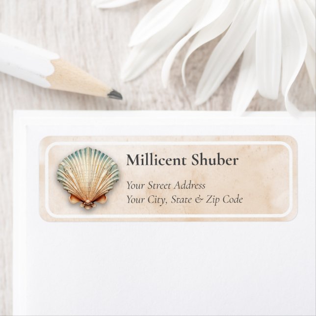 Modern Coastal Seashell Sand Return Address Label (Insitu)