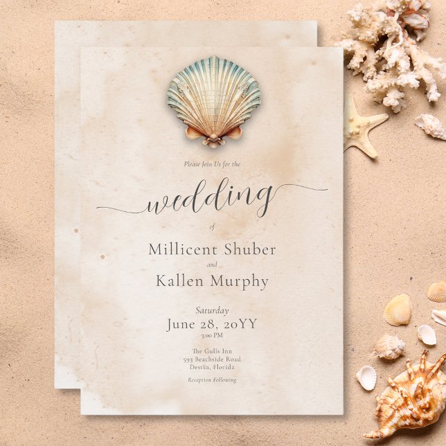 Modern Coastal Seashell Sand Wedding Invitation (Modern Coastal Seashell Sand Wedding Invitation)