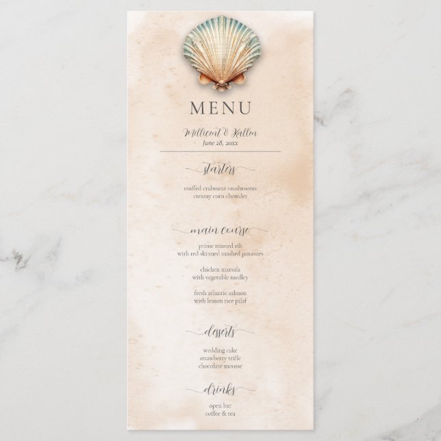 Modern Coastal Seashell Sand Wedding Menu (Front)