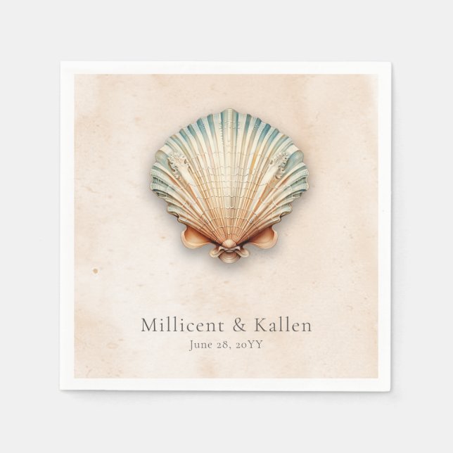 Modern Coastal Seashell Sand Wedding Napkin (Front)