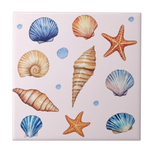 Modern Coastal Seashells Pattern Treasure Ocean Ceramic Tile (Front)