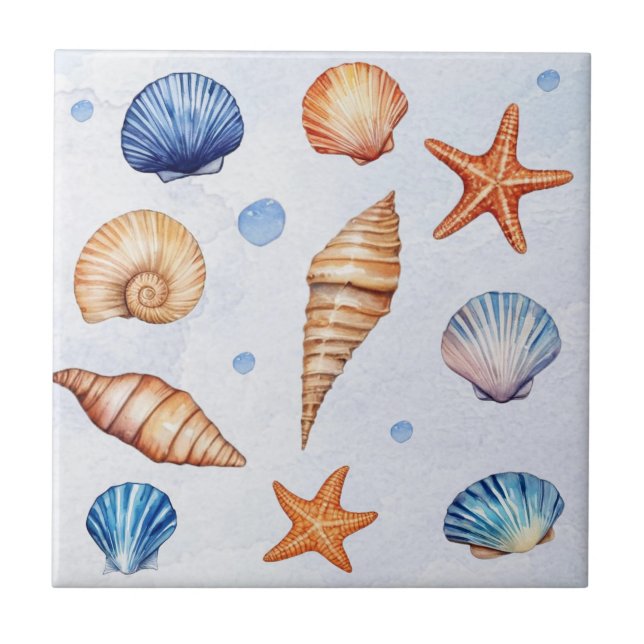 Modern Coastal Seashells Pattern Treasure Ocean Ceramic Tile (Front)