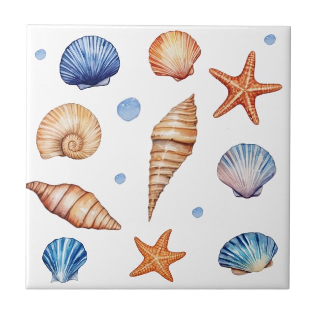 Modern Coastal Seashells Pattern Treasure Ocean Ceramic Tile (Front)