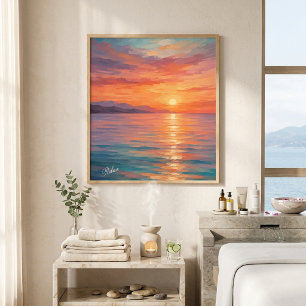 Modern Coastal Sunset Over Sea Wall Art Poster