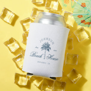 Modern Coastal Vintage Beach House Palm Tree Blue Can Cooler