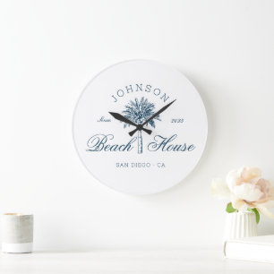 Modern Coastal Vintage Beach House Palm Tree Blue  Large Clock