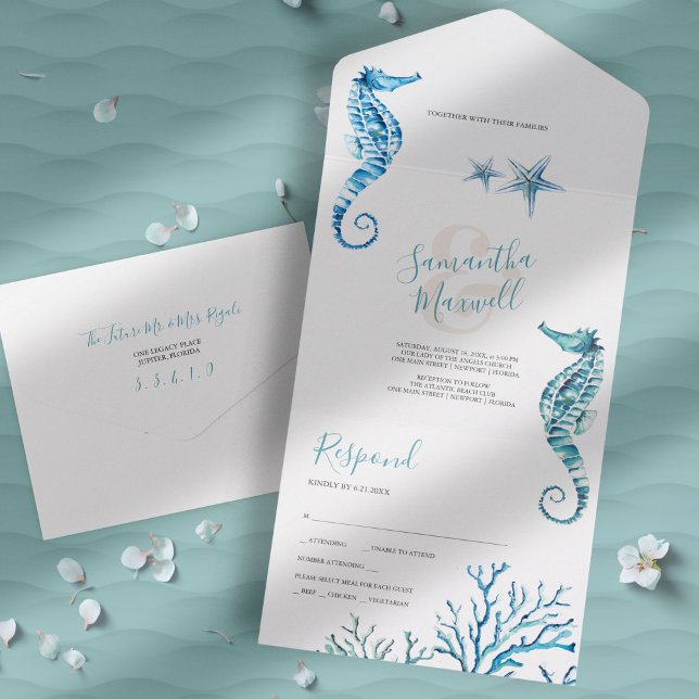 Modern Coastal Wedding All In One Invitation (Beach wedding invitation unique seahorse watercolor art by Victoria Grigaliunas)