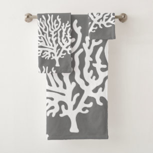 Modern Coastal White Sea Corals & Grey Bath Towel Set