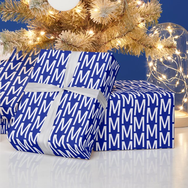 Modern cobalt blue custom monogram birthday wrapping paper (Holidays)