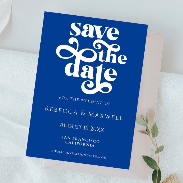Modern Cobalt Blue Retro Typography Wedding Save The Date (Creator Uploaded)