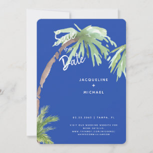 Modern Cobalt Blue Tropical Rounded Save The Date