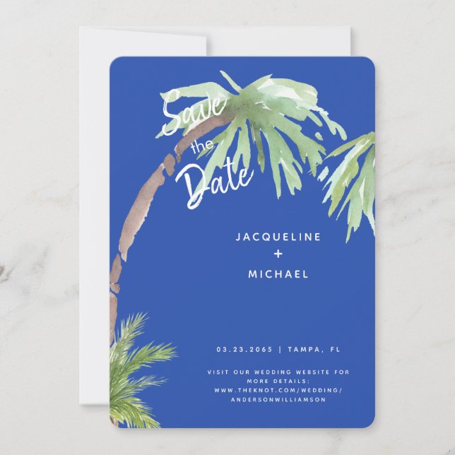 Modern Cobalt Blue Tropical Rounded Save The Date (Front)