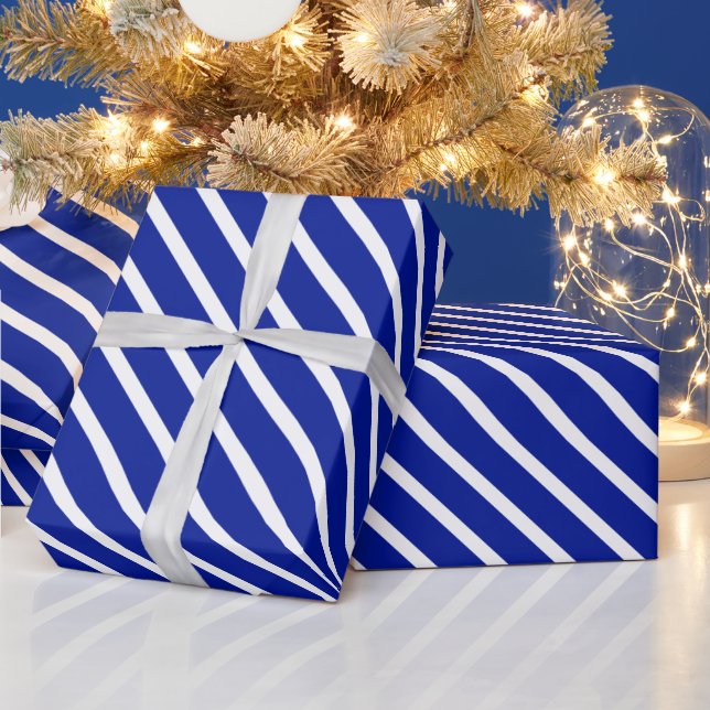Modern cobalt blue white oblique stripes elegant wrapping paper (Holidays)