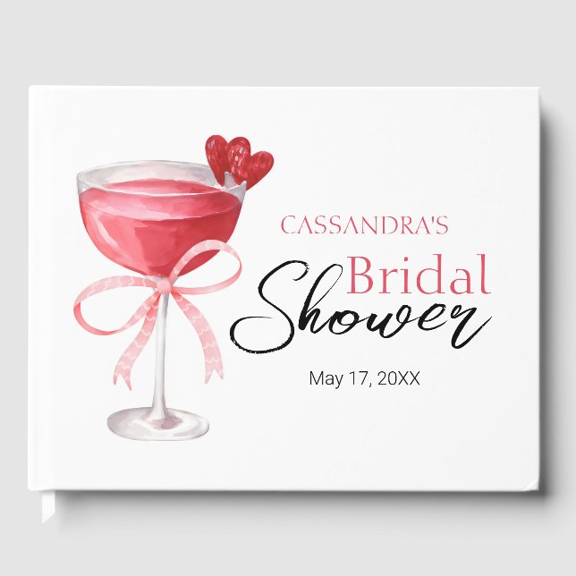 Modern Cocktail Drink Pink Bow Bridal Shower  Guest Book (Front)