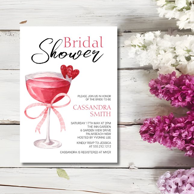 Modern Cocktail Drink Pink Bow Bridal Shower  Invitation (Creator Uploaded)
