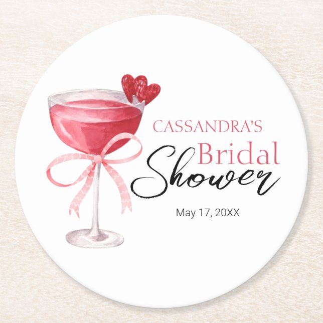 Modern Cocktail Drink Pink Bow Bridal Shower  Round Paper Coaster (Front)