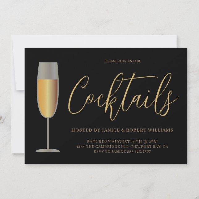Modern Cocktail Party Script Black Gold Invitation (Front)