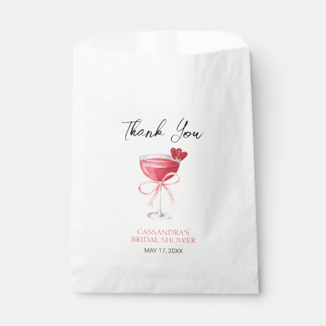 Modern Cocktail Pink Bow Bridal Shower Thank You Favour Bag (Front)
