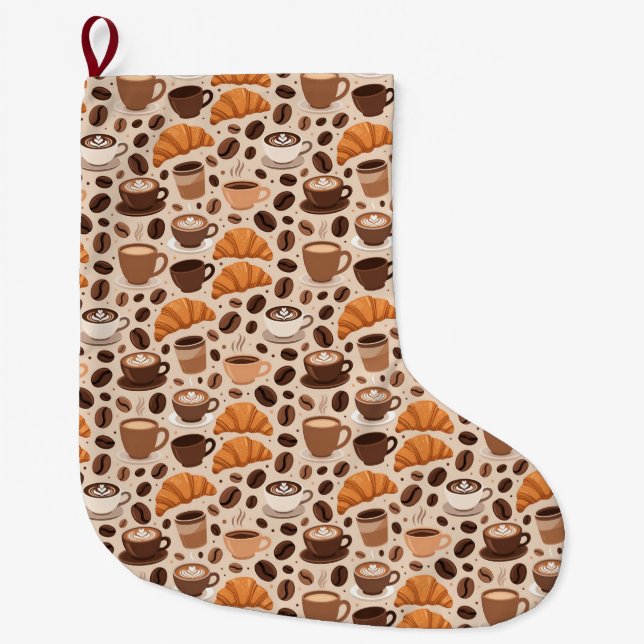 Modern Coffee Aesthetic Pattern Large Christmas Stocking (Front)