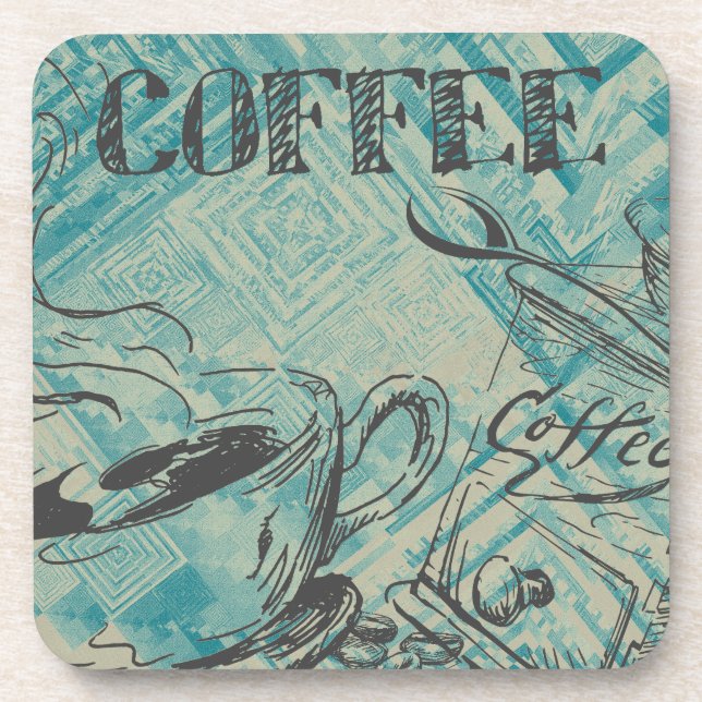 Modern Coffee Art Sketch Blue Coaster (Front)