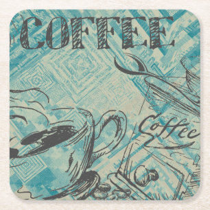 Modern Coffee Art Sketch Blue Square Paper Coaster