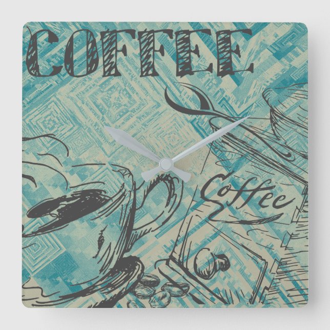 Modern Coffee Art Sketch Blue Square Wall Clock (Front)