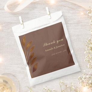 Modern Coffee Brown and Gold Leaf Wedding Favour Bag