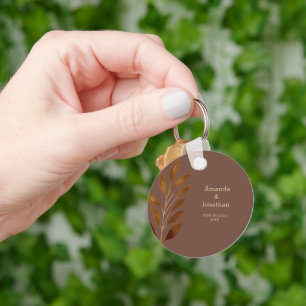 Modern Coffee Brown and Gold Leaf Wedding  Key Ring