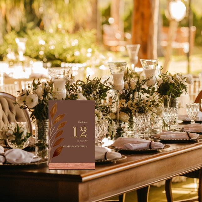 Modern Coffee Brown and Gold Leaf Wedding Table Nu Number (Creator Uploaded)