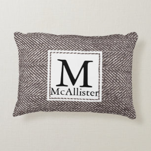 Modern Coffee Brown Herringbone   Monogram Decorative Cushion
